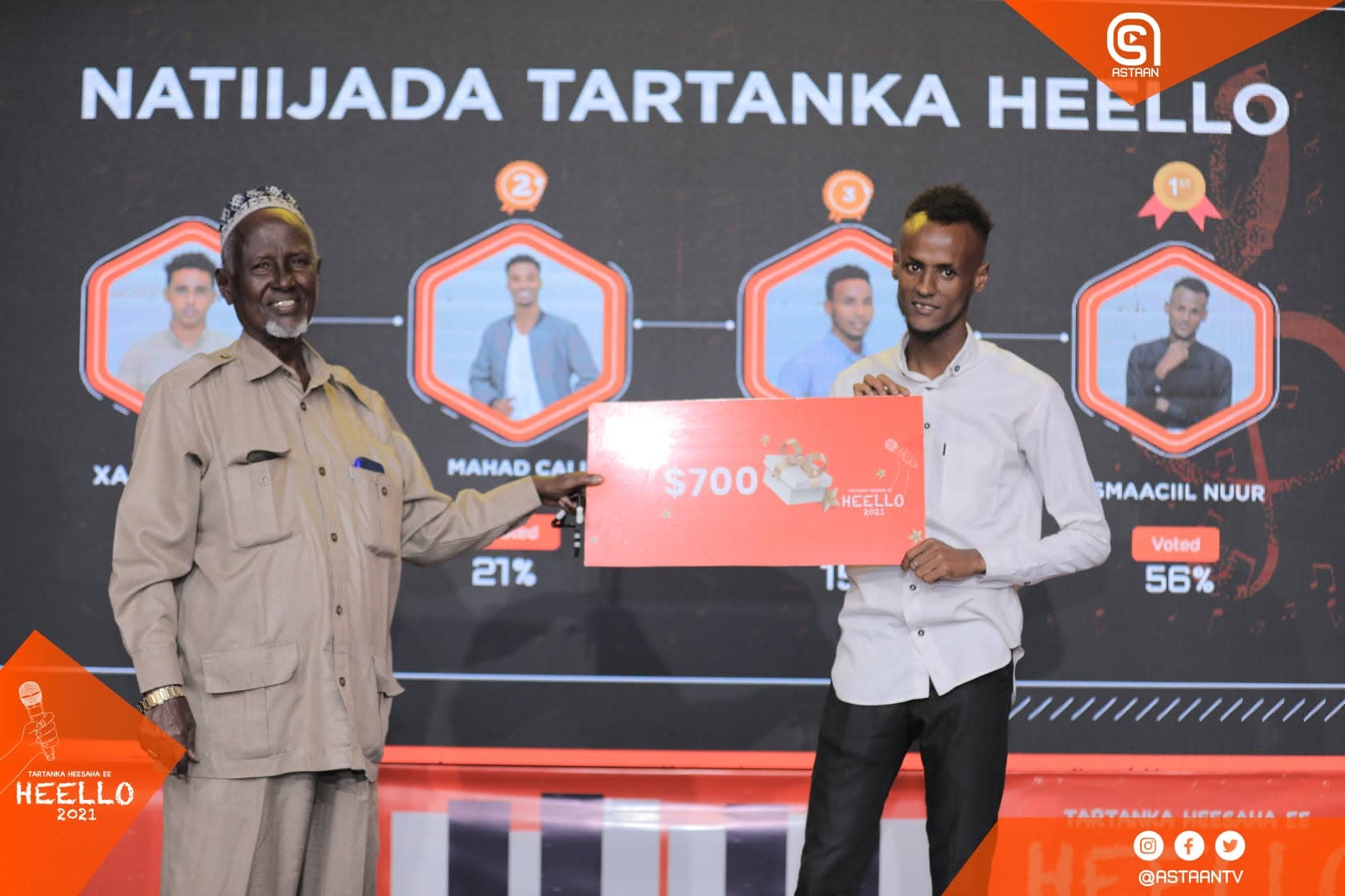 Ismaciil Nuur raising his arm in celebration while holding the orange $700 prize card in front of the Natiijada Tartanka Heello results screen