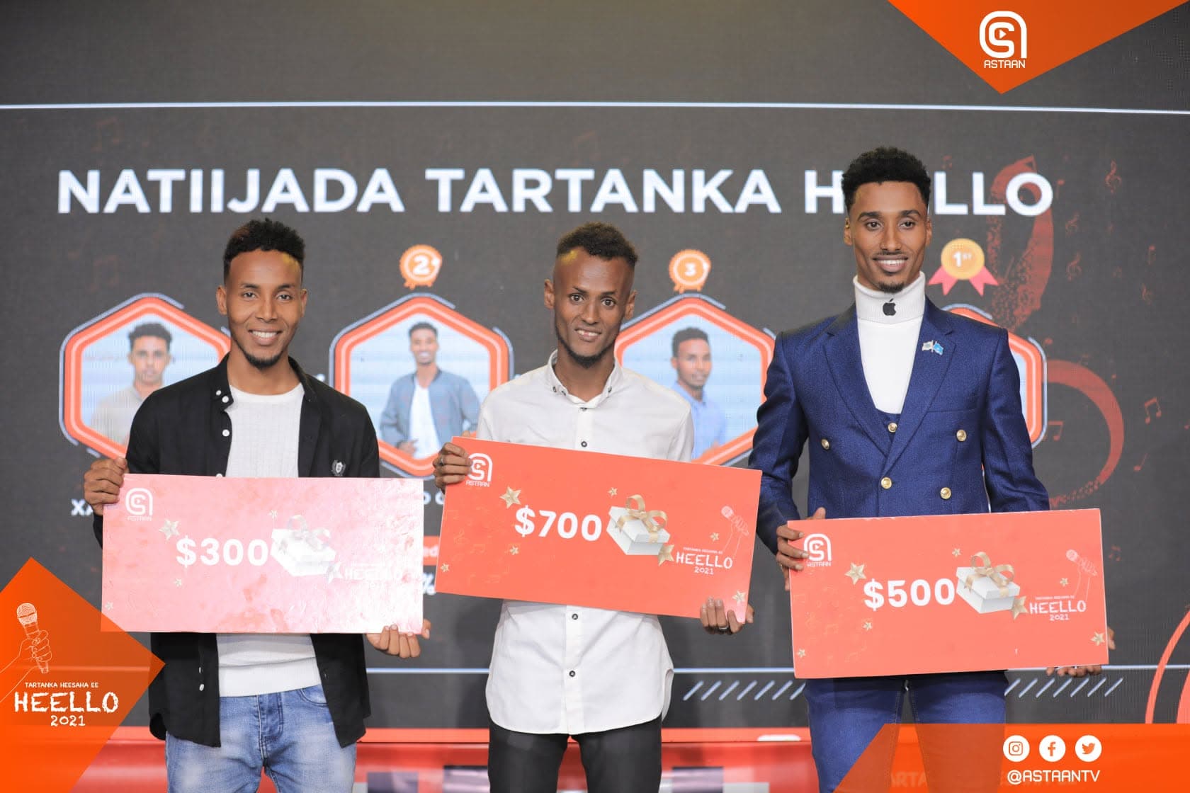 Three Heello finalists lined up on the dark stage holding orange $300, $700 and $500 prize cards in front of the results screen