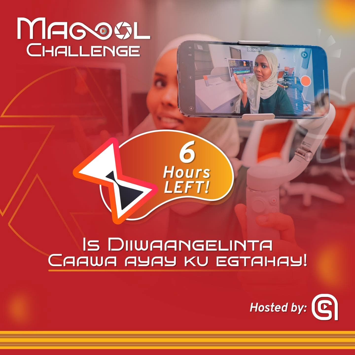Magool Challenge promotional graphic of a contestant filming herself with a smartphone mounted on a handheld gimbal, announcing the final hours of registration